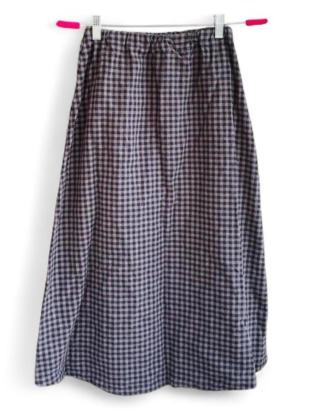 Vintage Handmade Gingham Midi Skirt – Cotton Linen Blend Elastic Waist